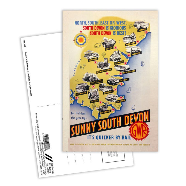 Sunny South Devon, It's Quicker By Rail Postcard Pack of 8