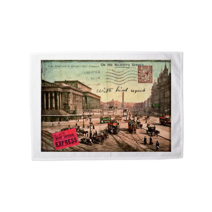 Lime Street and St Georges Hall, Liverpool Tea Towel