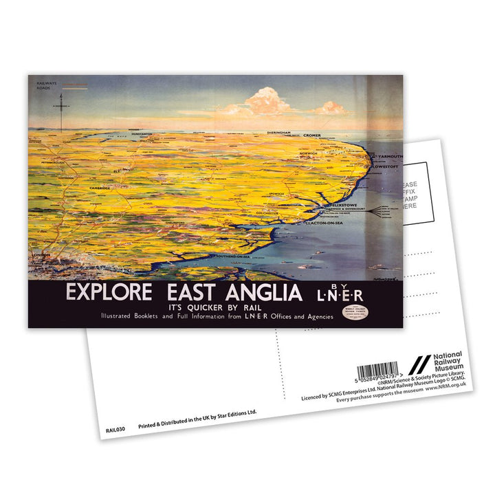 Explore East Anglia. It's Quicker By Rail Postcard Pack of 8