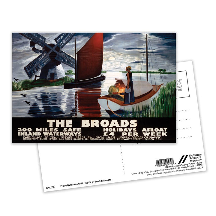 Broads getting dark, two people on boat Postcard Pack of 8