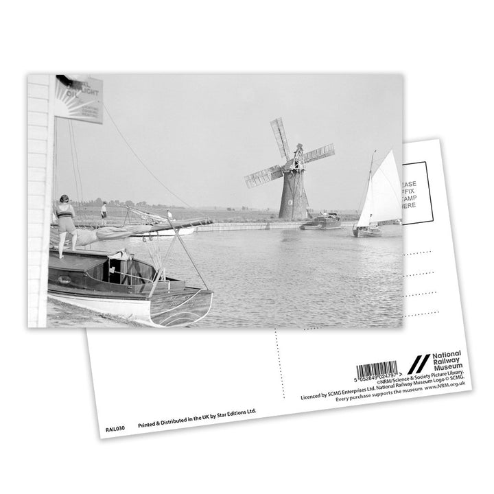 B&W Photo of Broads (boat in foreground) Postcard Pack of 8