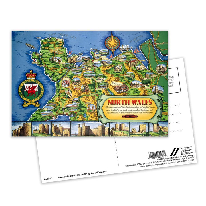 North Wales Map Postcard Pack of 8