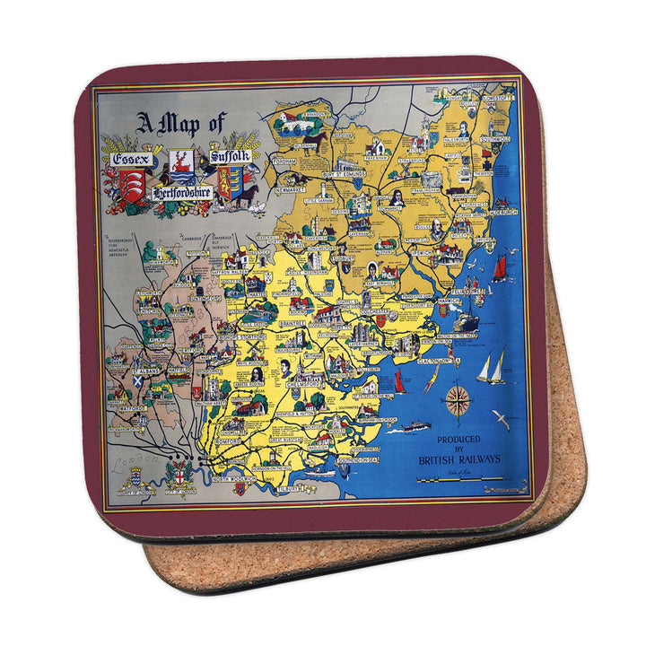 A Map of Essex, Suffolk, Hertfordshire Coaster
