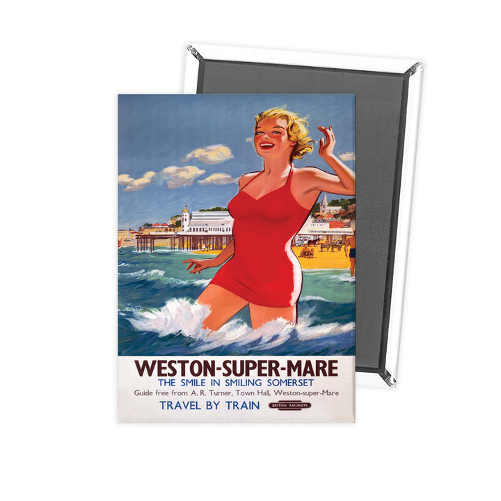 Weston-super-Mare - The smile in smiling Somerset - Girl in Red, Pier in Background Fridge Magnet