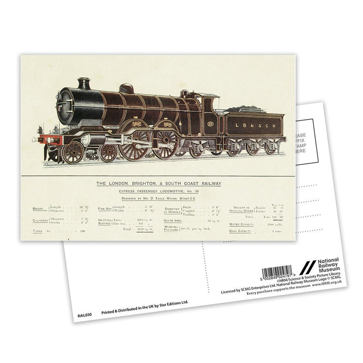 Express Passenger Locomotive, No.38 - London, Brighton & South Coast Railway Postcard Pack of 8