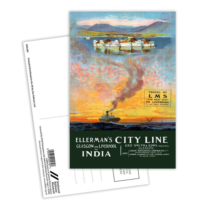 Ellerman's city line - Glasgow to Liverpool to india ship LMS Postcard Pack of 8