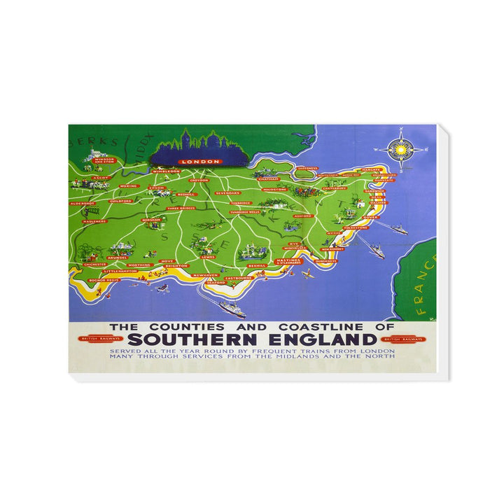 Counties and Coastline of Southern England map British Railways - Canvas