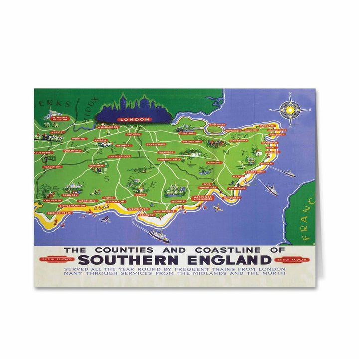 Counties and Coastline of Southern England map British Railways Greeting Card