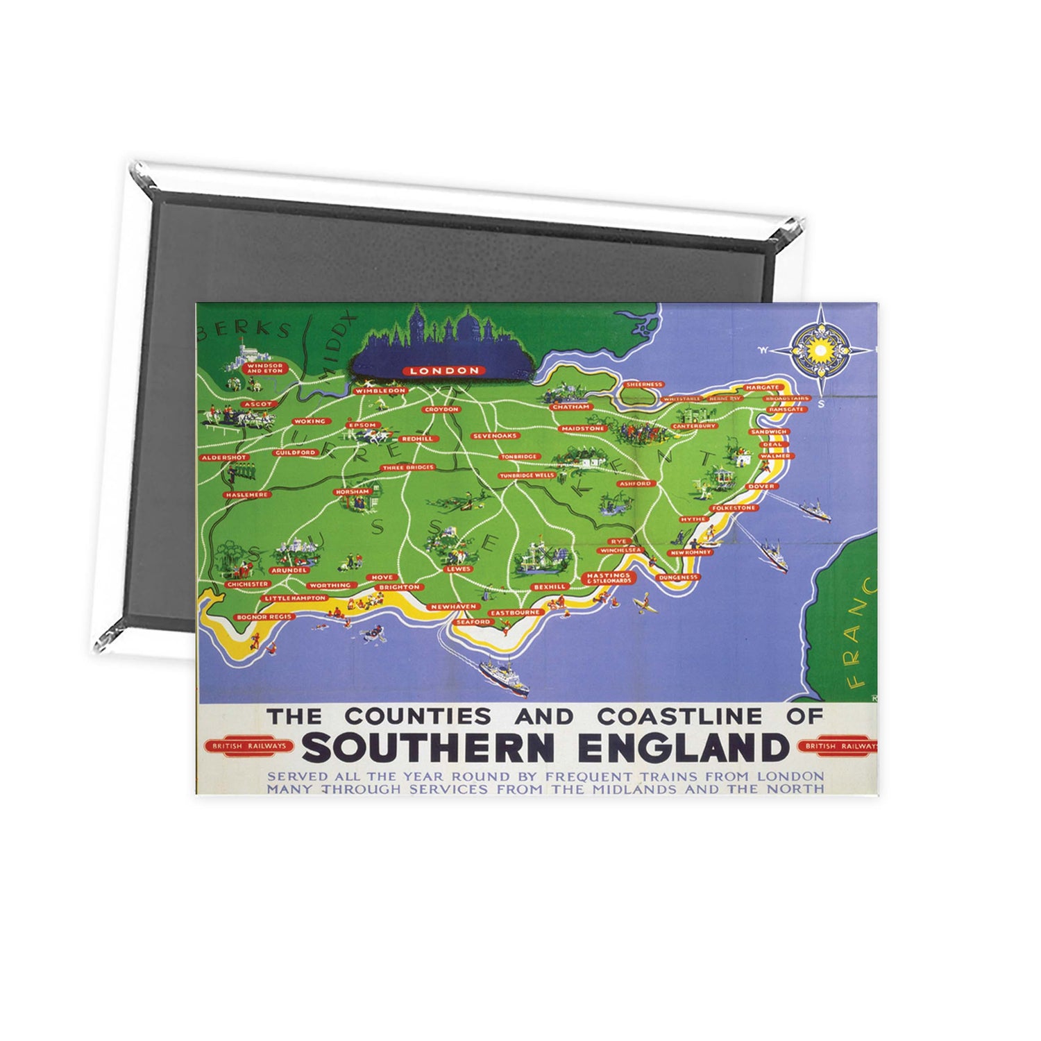 Counties and coastline of southern england map British railways Fridge Magnet