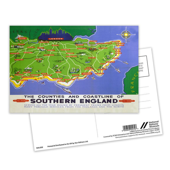 Counties and Coastline of Southern England map British Railways Postcard Pack of 8