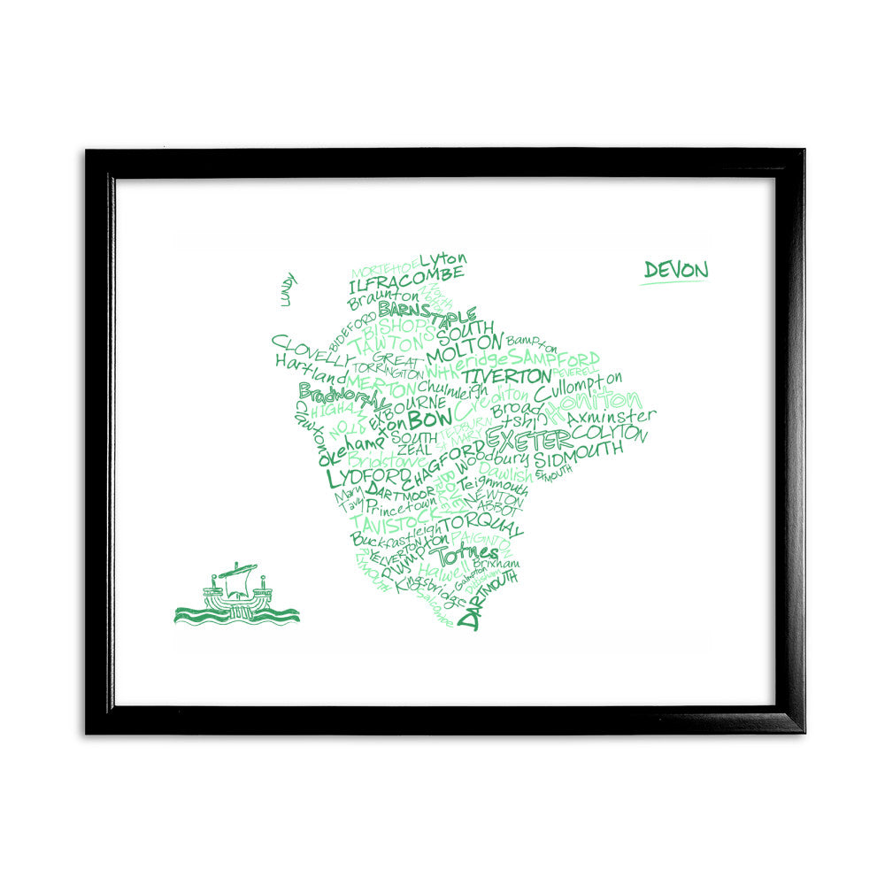 County Map of Devon, 11x14 Framed Print (Black)