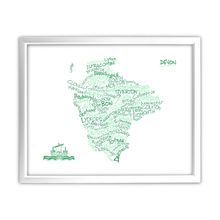 County Map of Devon, 11x14 Framed Print (White)