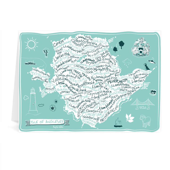 Map of The Isle of Anglesey, Greeting Card 7x5