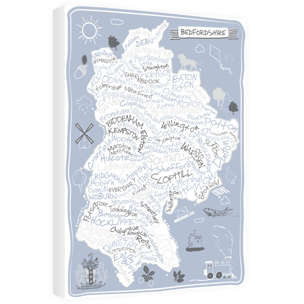 County Map of Bedfordshire, 60cm x 80cm Canvas
