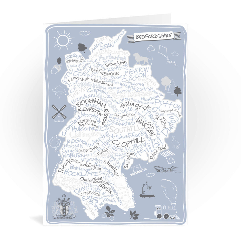 County Map of Bedfordshire, Greeting Card 7x5