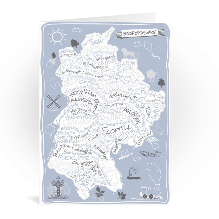 County Map of Bedfordshire, Greeting Card 7x5