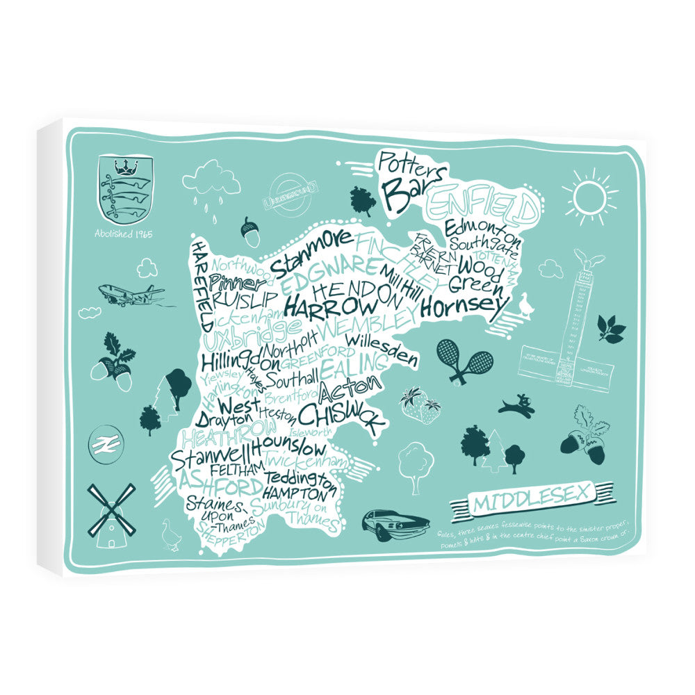 County Map of Middlesex, 60cm x 80cm Canvas