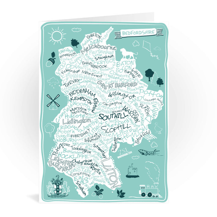 County Map of Bedfordshire, Greeting Card 7x5