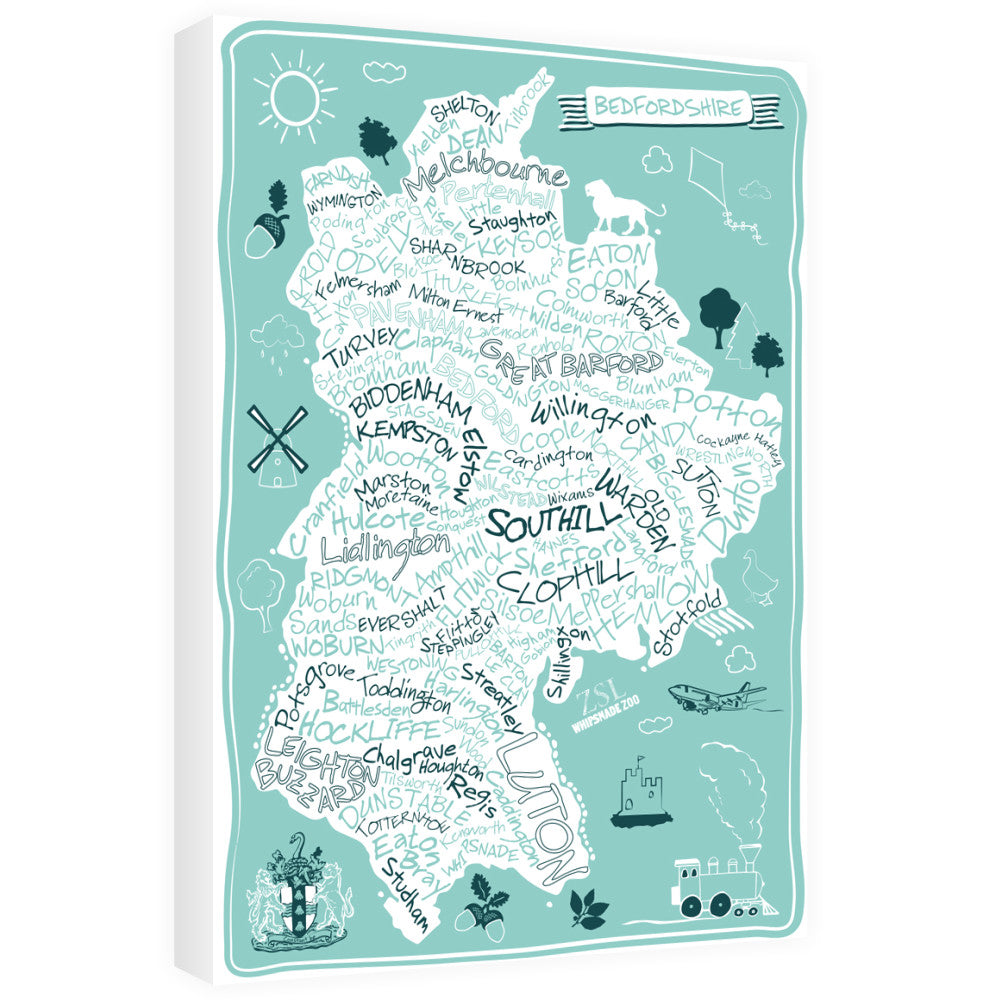 County Map of Bedfordshire, 60cm x 80cm Canvas
