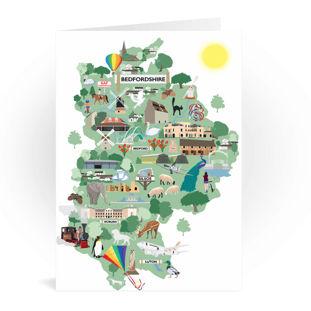 County Map of Bedfordshire, Greeting Card 7x5