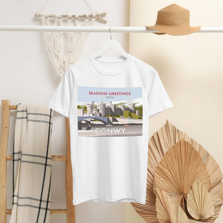 Conwy, Snow, Seasons Greetings From T-Shirt by Dave Thompson